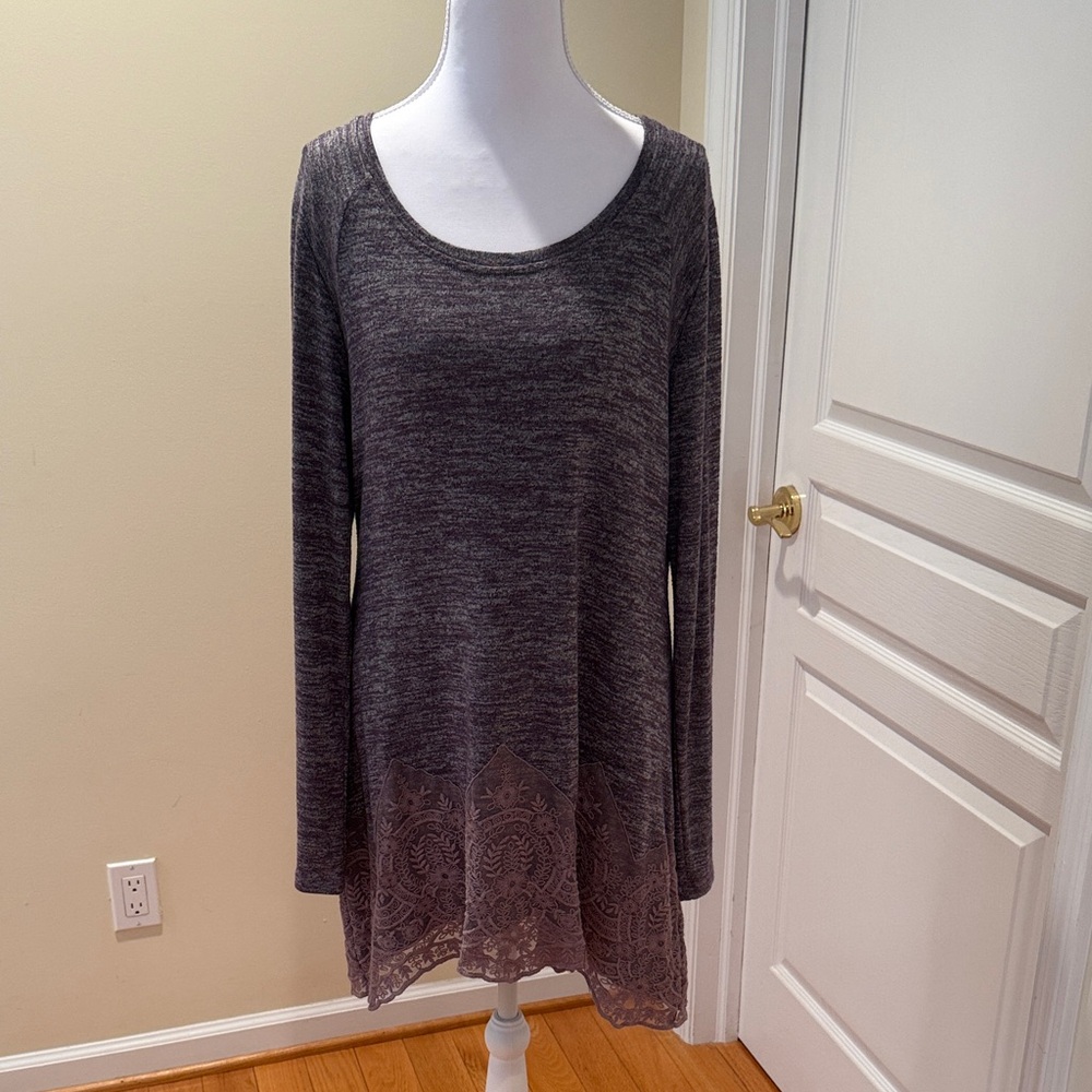 LOGO by Lori Goldstein Charcoal Tunic with Lace Hem